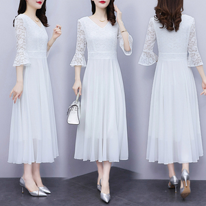 RM20455#夏季新款白色蕾丝连衣裙雪纺显瘦海边度假沙滩裙长裙到脚踝超长款