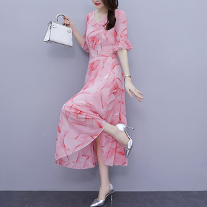 RM20454#夏季雪纺碎花连衣裙女长款到脚踝2023年新款时尚显瘦超长半袖裙子