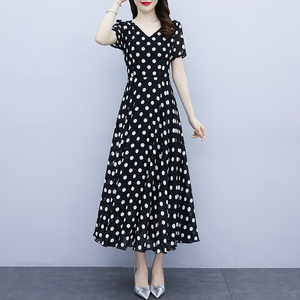 RM20451#雪纺连衣裙子女装夏季2023年新款高端黑色收腰气质法式波点中长裙