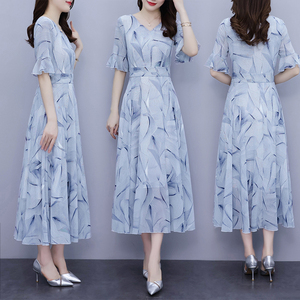 RM20454#夏季雪纺碎花连衣裙女长款到脚踝2023年新款时尚显瘦超长半袖裙子