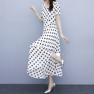 RM20451#雪纺连衣裙子女装夏季2023年新款高端黑色收腰气质法式波点中长裙