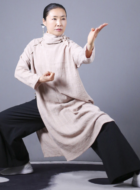 马蕾太极拳服女式夏季薄款黄色纯棉休闲禅修服套装中袖定制中长款