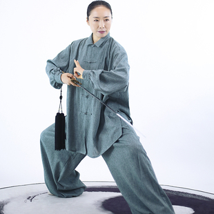 马蕾太极服新款灰绿亚麻休闲男女练功服定制类传统中国风拳服