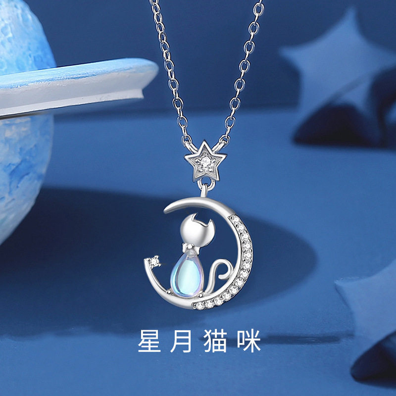 原创星月猫咪项链女925纯银小众设计感几何月光石锁骨链吊坠代发