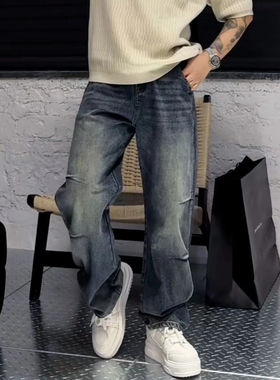 YULE语乐 26302复古水洗掐褶牛仔裤秋季休闲宽松直筒裤松紧腰