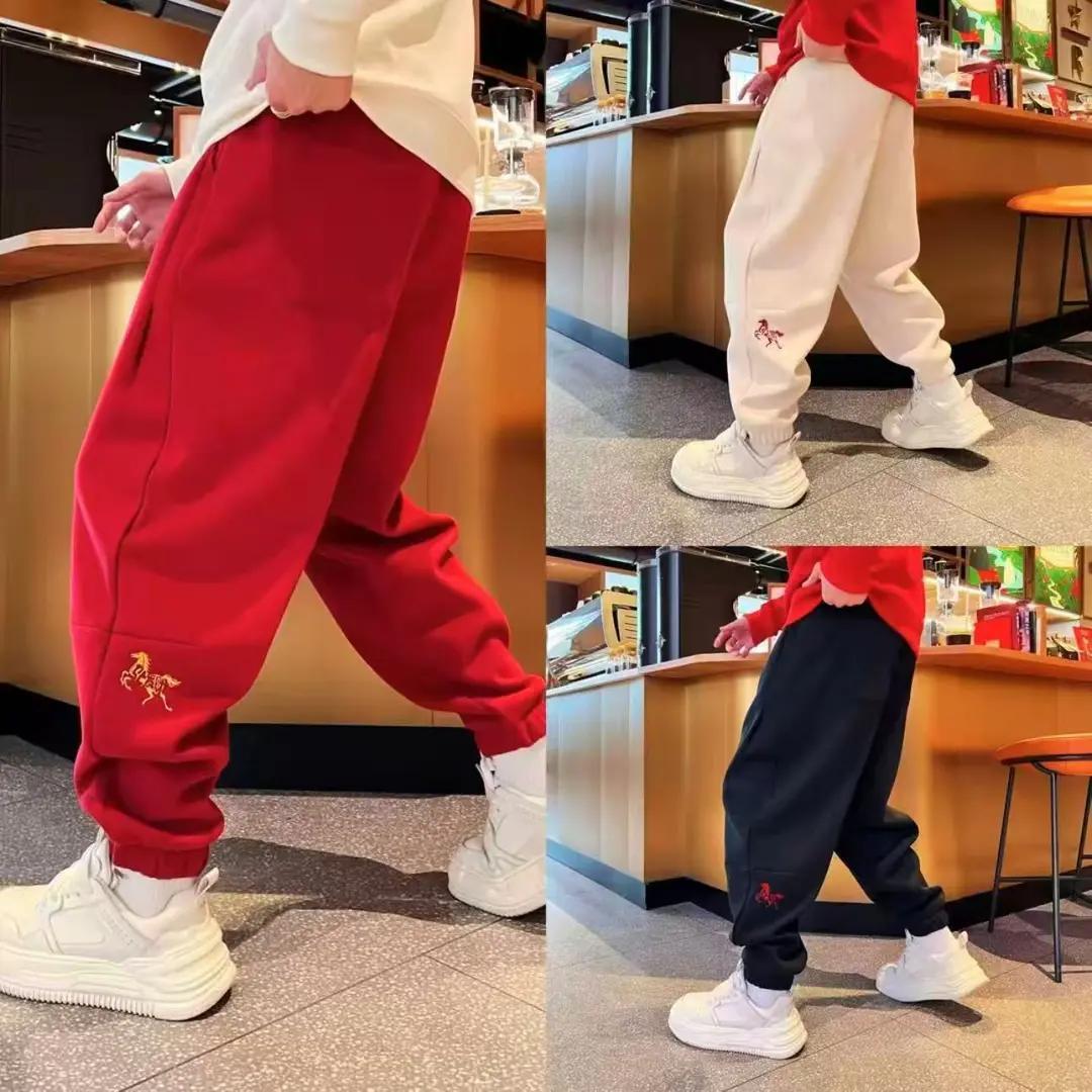 【马上有钱】冬季马年男士潮流加绒休闲卫裤飘带抽绳设计感束脚裤