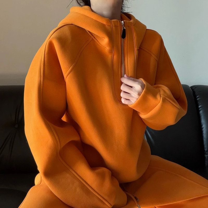 冬季时尚百搭纯色套头卫衣运动秋冬拉链帽衫宽松5527休闲套装男士