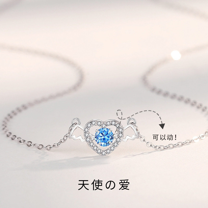 天使爱心灵动项链女纯银韩版跳动的心ins冷淡风心形翅膀项饰代发