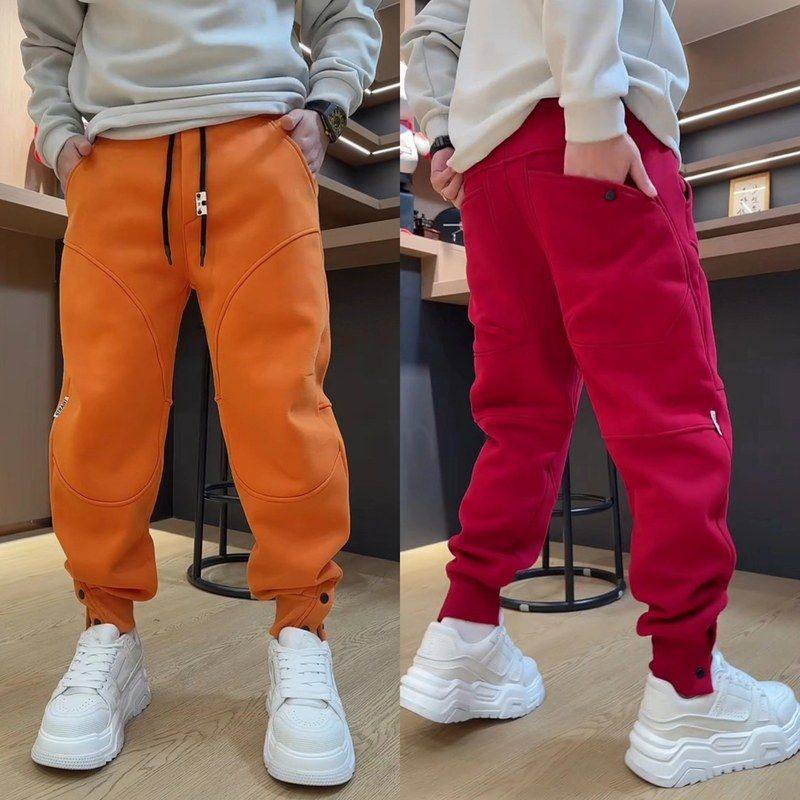 韩版潮流冬季加绒结构裤脚按扣休闲卫裤立体剪裁时尚男女款束脚裤