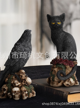 跨境新款神秘暗黑风骷髅动物猫与乌鸦雕像摆件树脂工艺品家居装饰