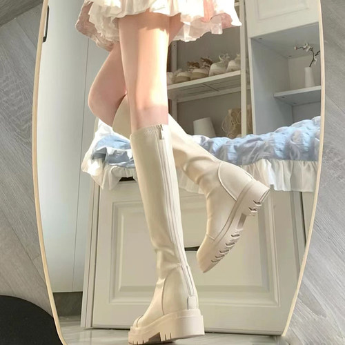 小个子长筒靴小码 内增高女鞋8cm增高瘦腿白色中筒圆头厚底时装靴