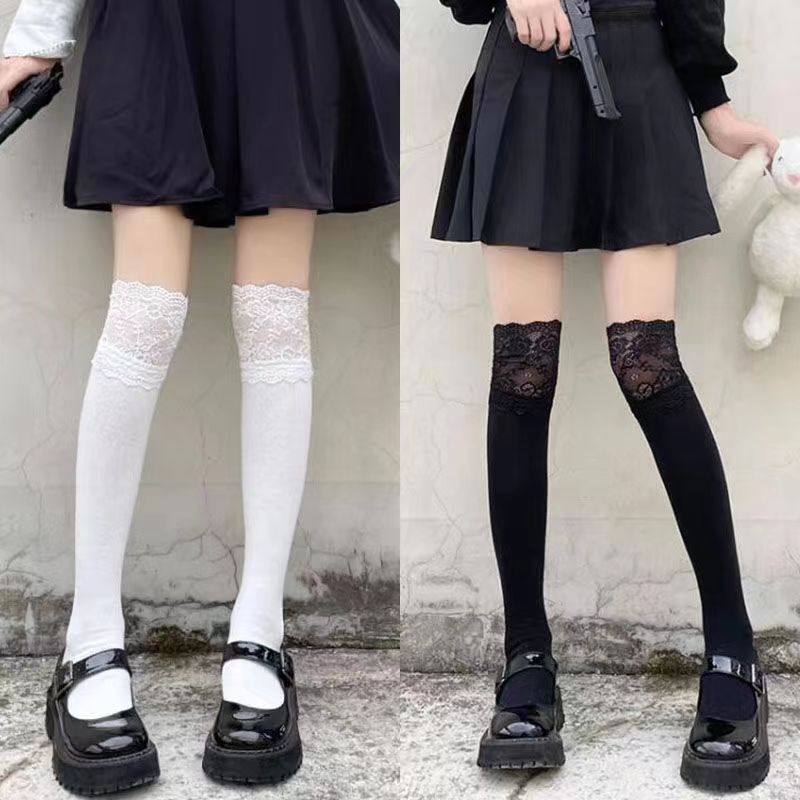 春夏款白色蕾丝花边长筒过膝袜JK纯欲风薄款棉蕾丝网红长袜搭