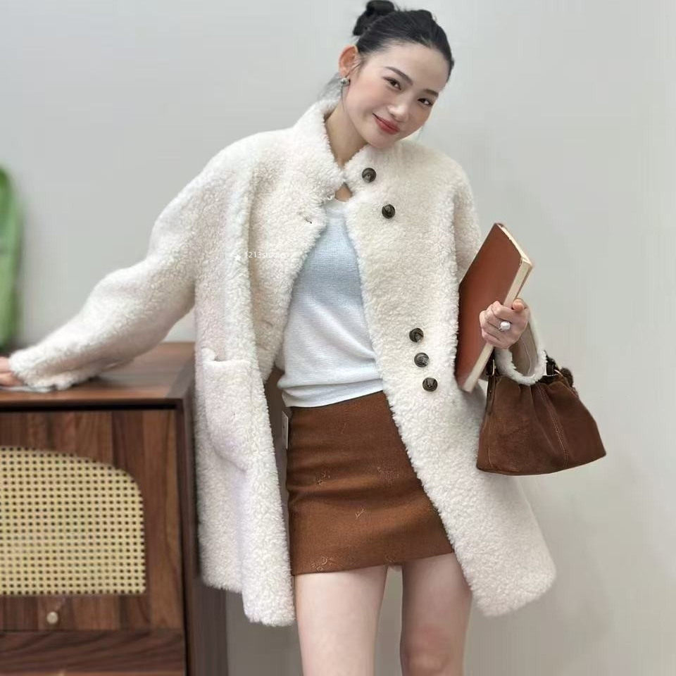 1213studio羊羔毛皮草外套女中长款2025冬新复合皮毛立领毛毛大衣