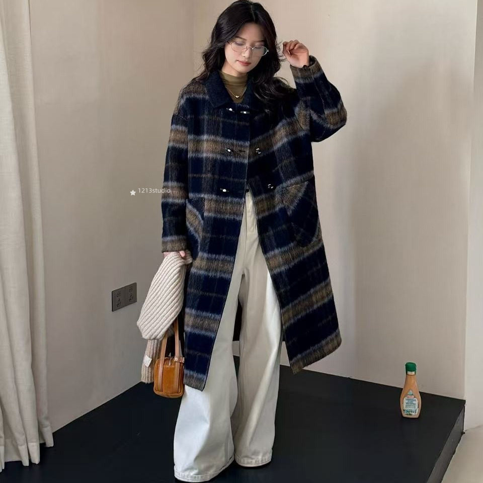1213studio新款双面羊绒大衣女中长款潮流复古格子显瘦羊毛外套