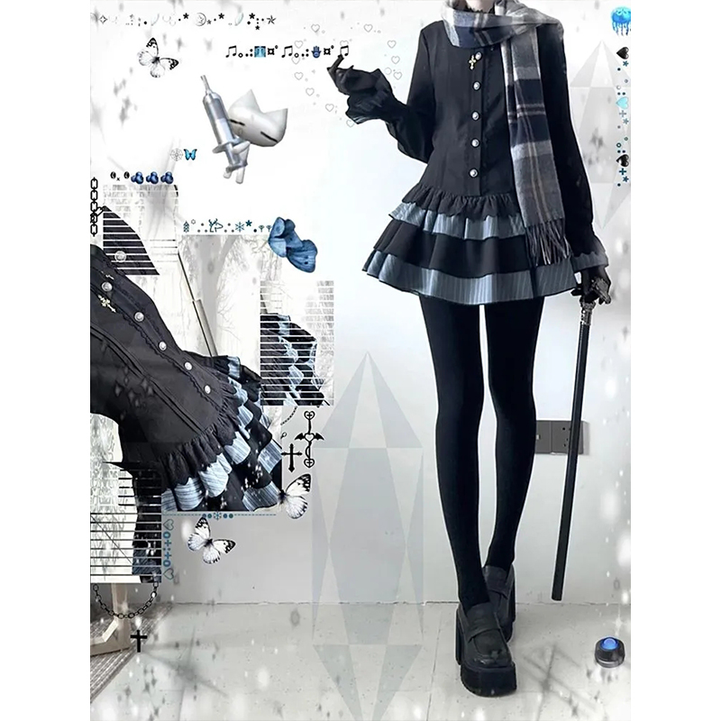 永夜不尽 初秋新款复古哥特长袖连衣裙设计感日系少女氛围感穿搭