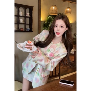 外套半裙套裝 女名媛氣質(zhì)寬松百搭兩件套 暈染印花西裝 2025早春新款