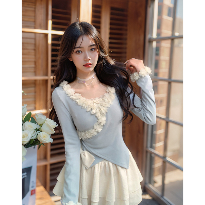 温柔甜美套装裙女春季2025新款花边大V领交叉针织上衣+半裙两件套