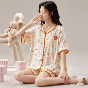 薄款 家居休闲服套装 带胸垫短袖 可爱卡通大码 短裤 莫代尔睡衣女夏季