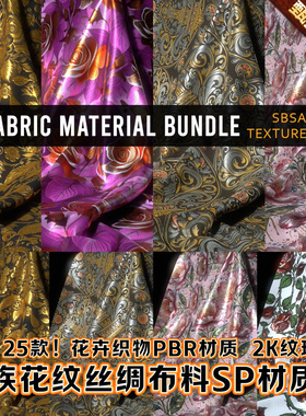 Substance Painter国风宫廷华丽贵族丝绸缎布料花纹印花SP材质球