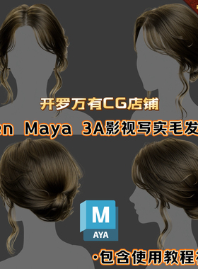 MAYA头发Xgen女性毛发国风美女人物角色盘发发髻成熟棕卷发3D模型