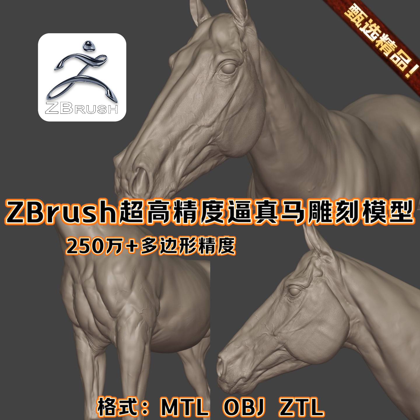 ZBrush逼真写实马生物超高精度动物雕刻3D角色模型毛孔皮肤源文件