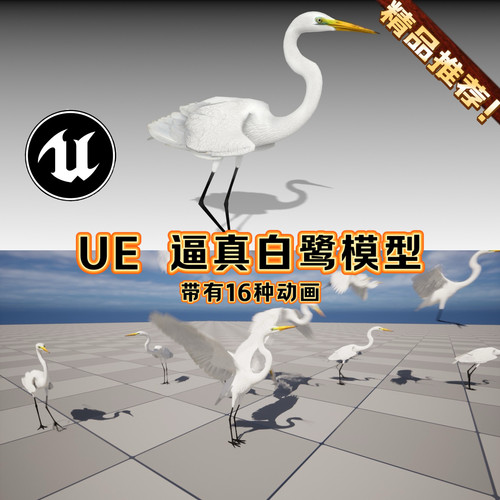 UE5虚幻5逼真鸟类白鹭模型带动画动作捕捉自然环境场景道具角色