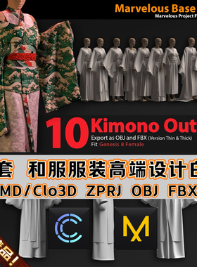 MD服装Clo3D模型女性和服礼服时尚设计板型白模旗袍长裙ZPRJ素材
