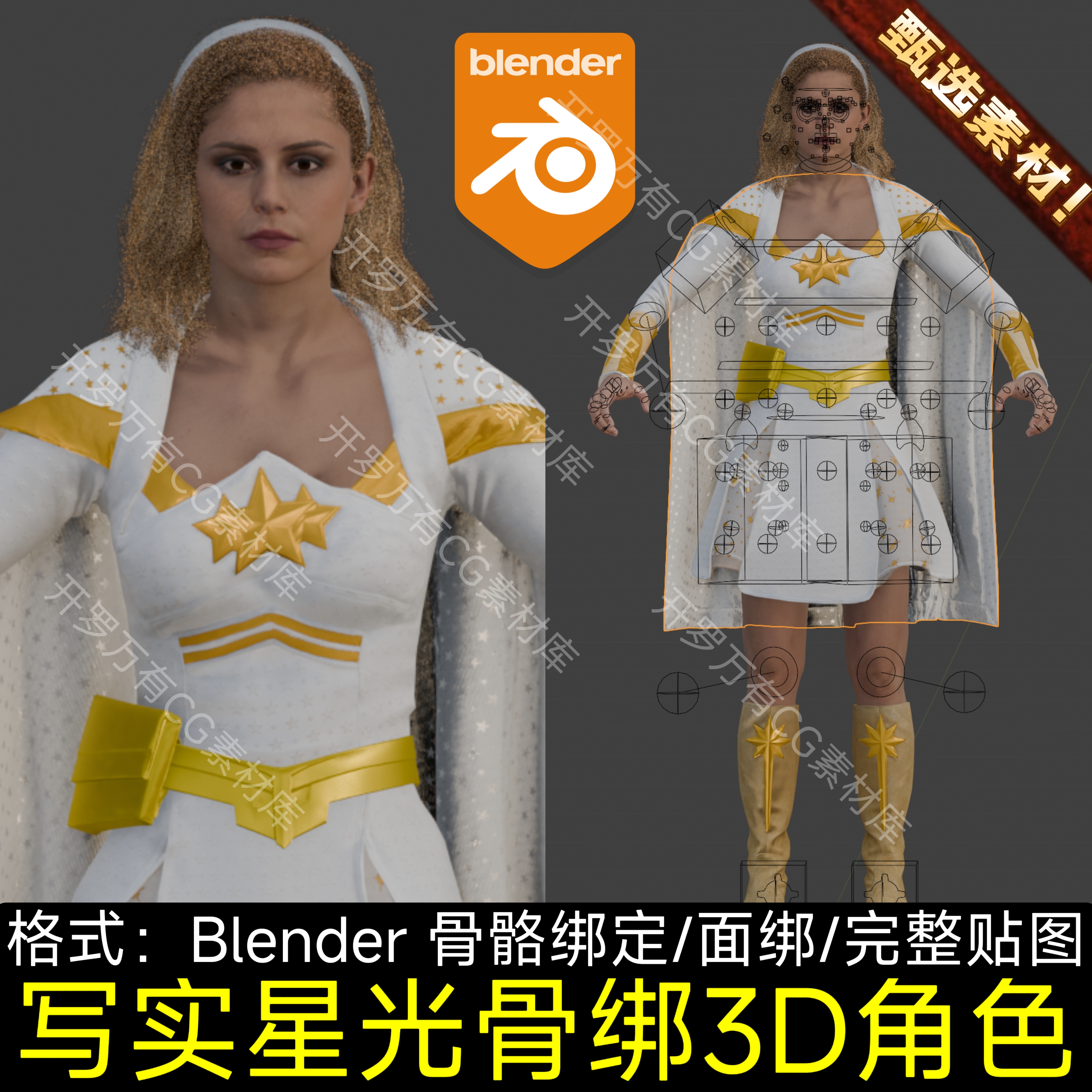 Blender写实数字人黑袍纠察队星光欧美女人物骨绑角色3D三维模型