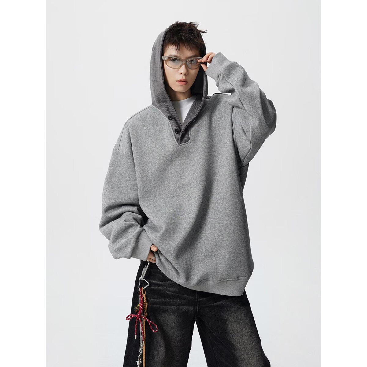 美式复古潮牌纽扣连帽卫衣男高街小众设计感宽松百搭休闲青年外套