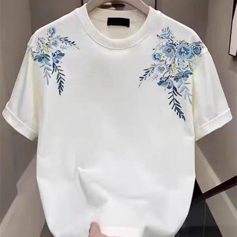 潮流韩版双肩花卉刺绣圆领短袖T恤男女同款夏季宽松百搭休闲上衣