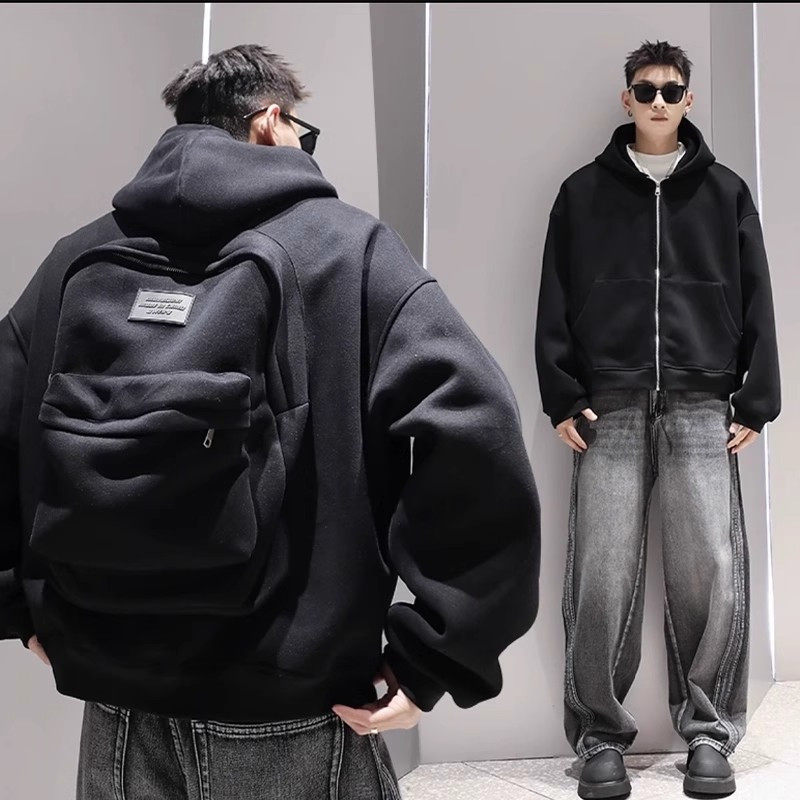 美式潮牌背包一体开衫连帽卫衣男2026秋季小众设计感宽松百搭外套