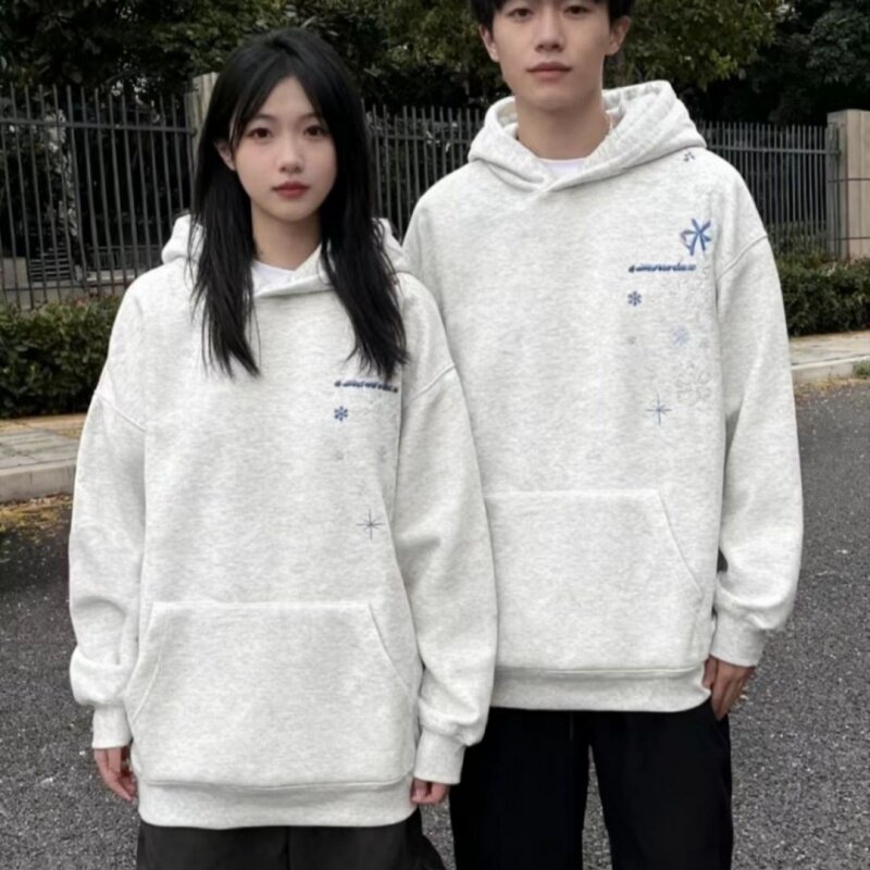 高街潮牌雪花刺绣连帽卫衣男女同款2026秋冬季宽松百搭外套连帽衫