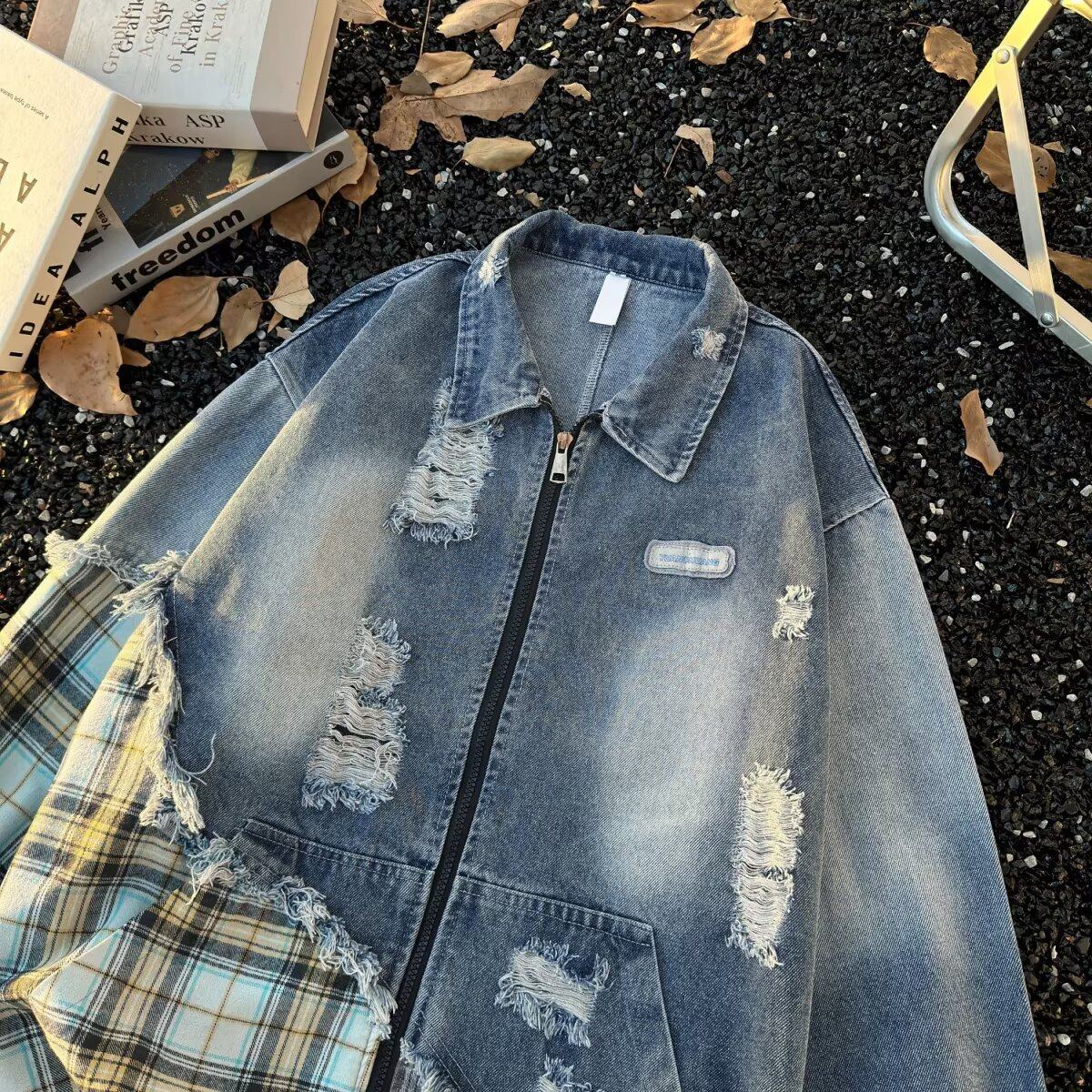 美式复古牛仔外套男高街潮牌青年破洞格子拼接设计感宽松拉链夹克