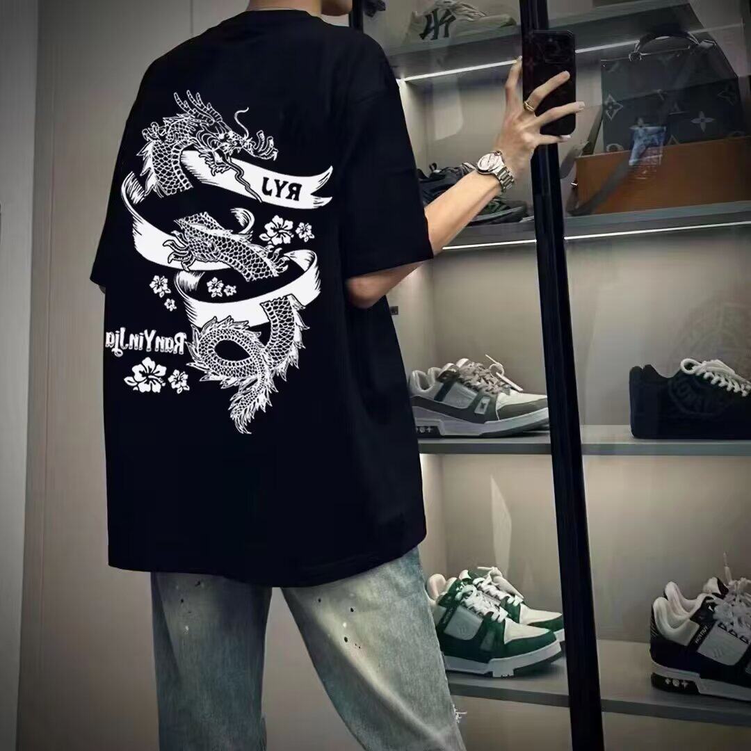 纯棉短袖t恤男美式高街痞帅潮牌印花宽松百搭圆领半袖体恤衣服tee