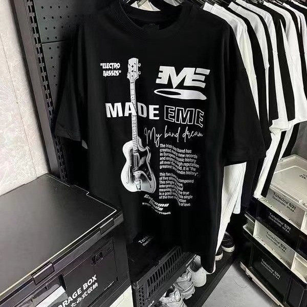 美式复古摇滚吉他印花短袖t恤男高街ins潮牌宽松百搭休闲纯棉上衣
