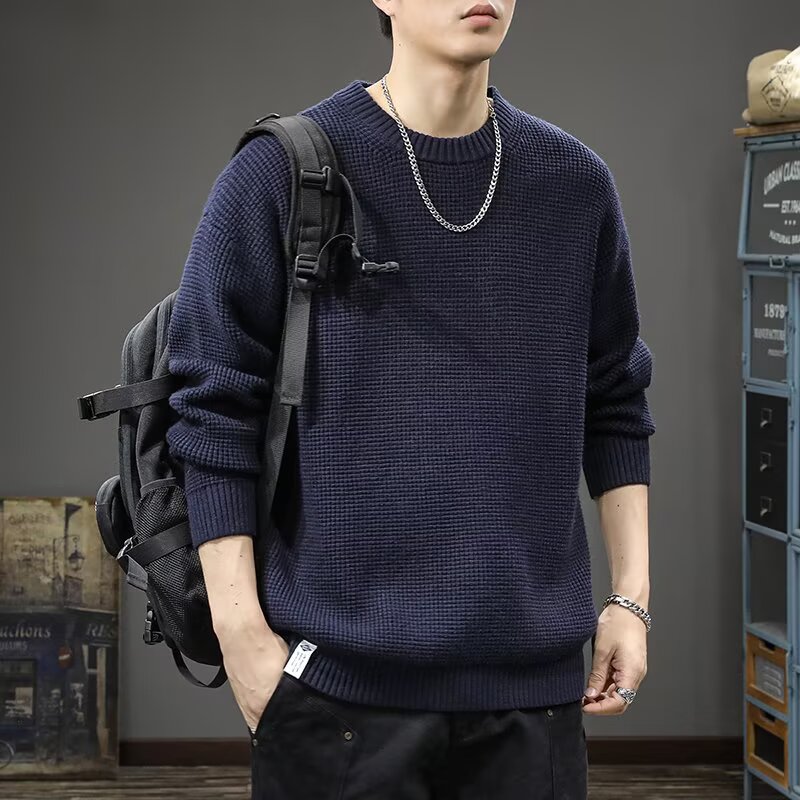 美式复古华夫格针织毛衣男秋冬季潮流痞帅青年宽松圆领套头上衣服