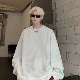 2026春秋季肌理感长袖T恤男高街潮牌痞帅青年宽松百搭白色打底衫