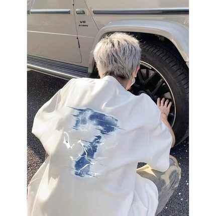 美式痞帅炸街闪电字母印花短袖t恤男高街潮牌宽松百搭青少年上衣