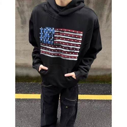 美式复古潮牌国旗印花连帽卫衣男女同款秋季宽松百搭休闲上衣外套