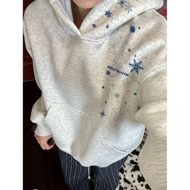 美式潮牌雪花刺绣连帽卫衣男女秋冬季情侣装宽松百搭休闲帽衫外套