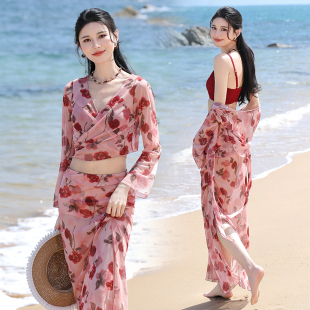 花房姑娘泳衣女分体四件套遮肚显瘦性感韩国ins风泳装 度假 长裙款