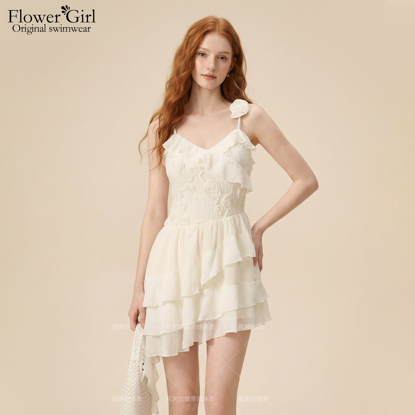 法式浪漫风花朵荷叶边吊带连体泳衣女不规则收腰度假泳装设计感
