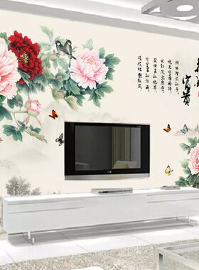 花开富贵牡丹中式电视背景墙uv宣绒布壁画油画布纤维布喷绘闪银布