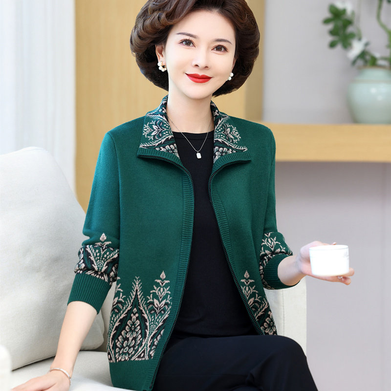 中老年女半高领拉链加厚羊绒开衫