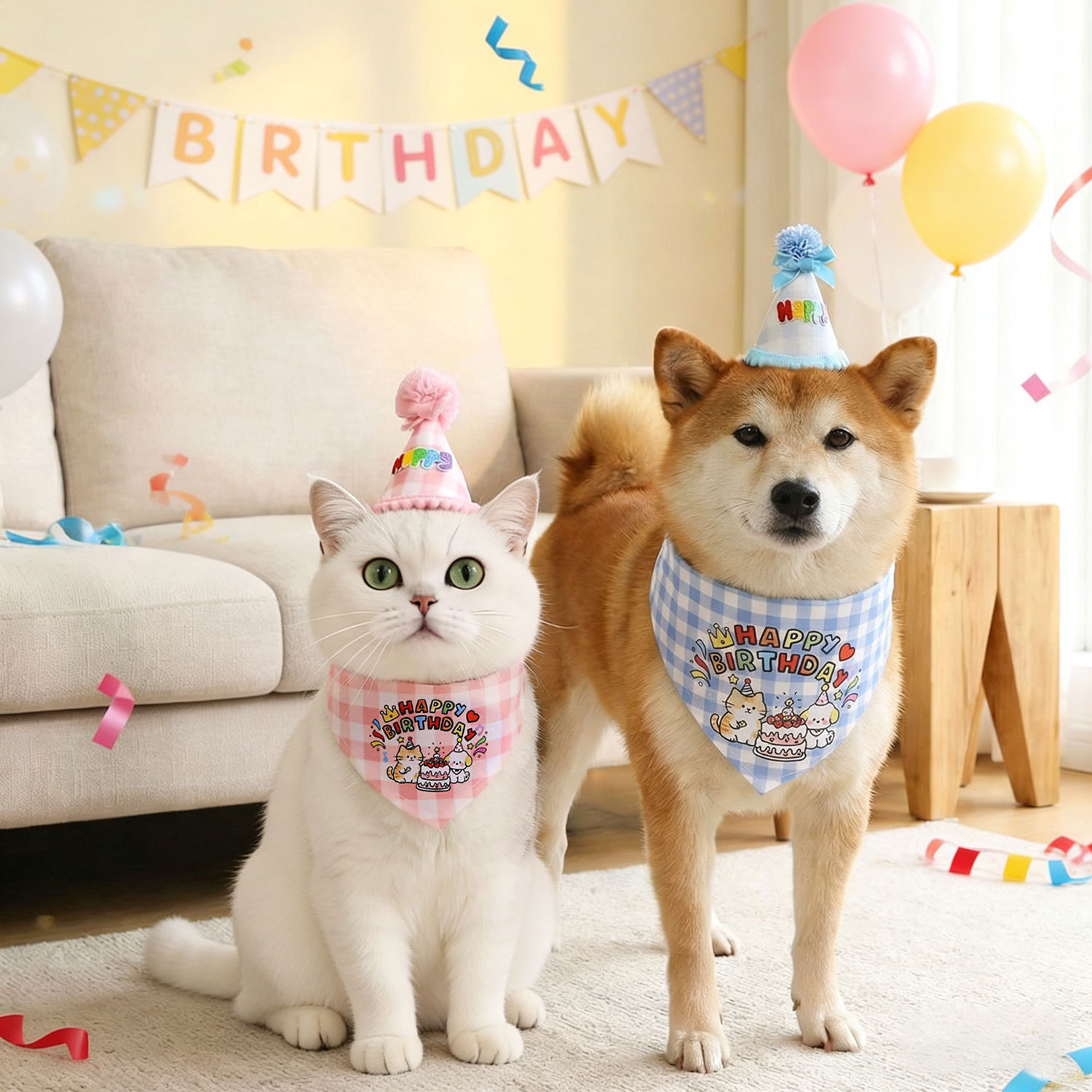 粉格子宠物柴犬博美生日三角巾帽子套装狗狗猫咪派对拍照围兜饰品