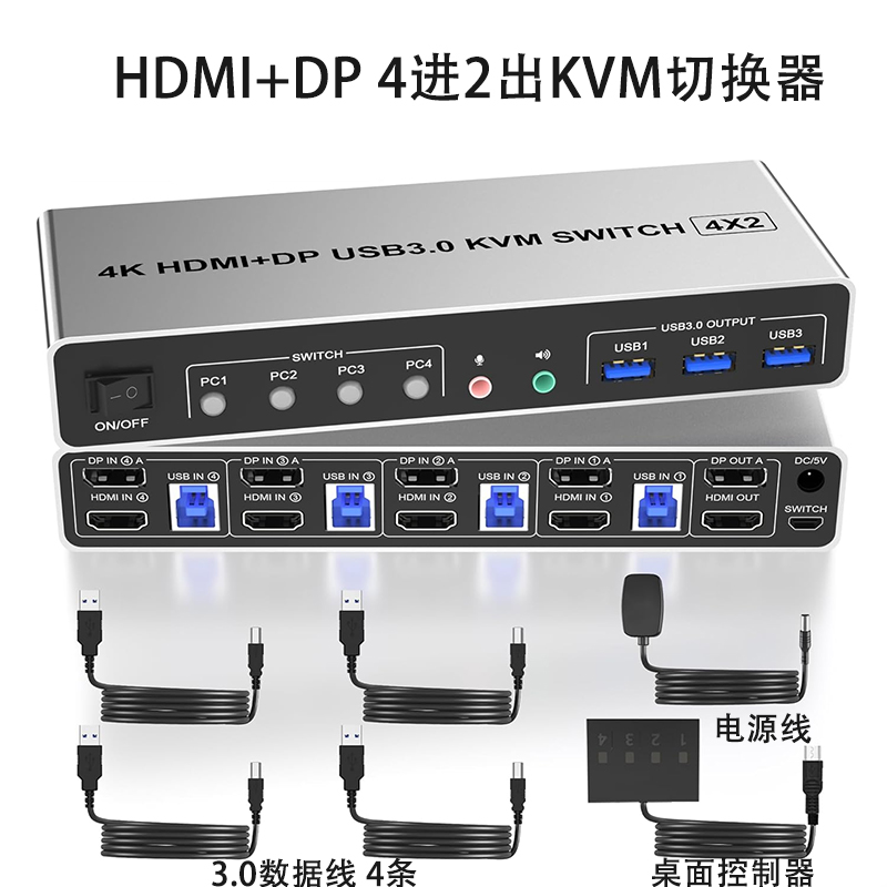 kvm切换器hdmi dp四进二出8K超清4K120Hz两台电脑双屏共享显示器