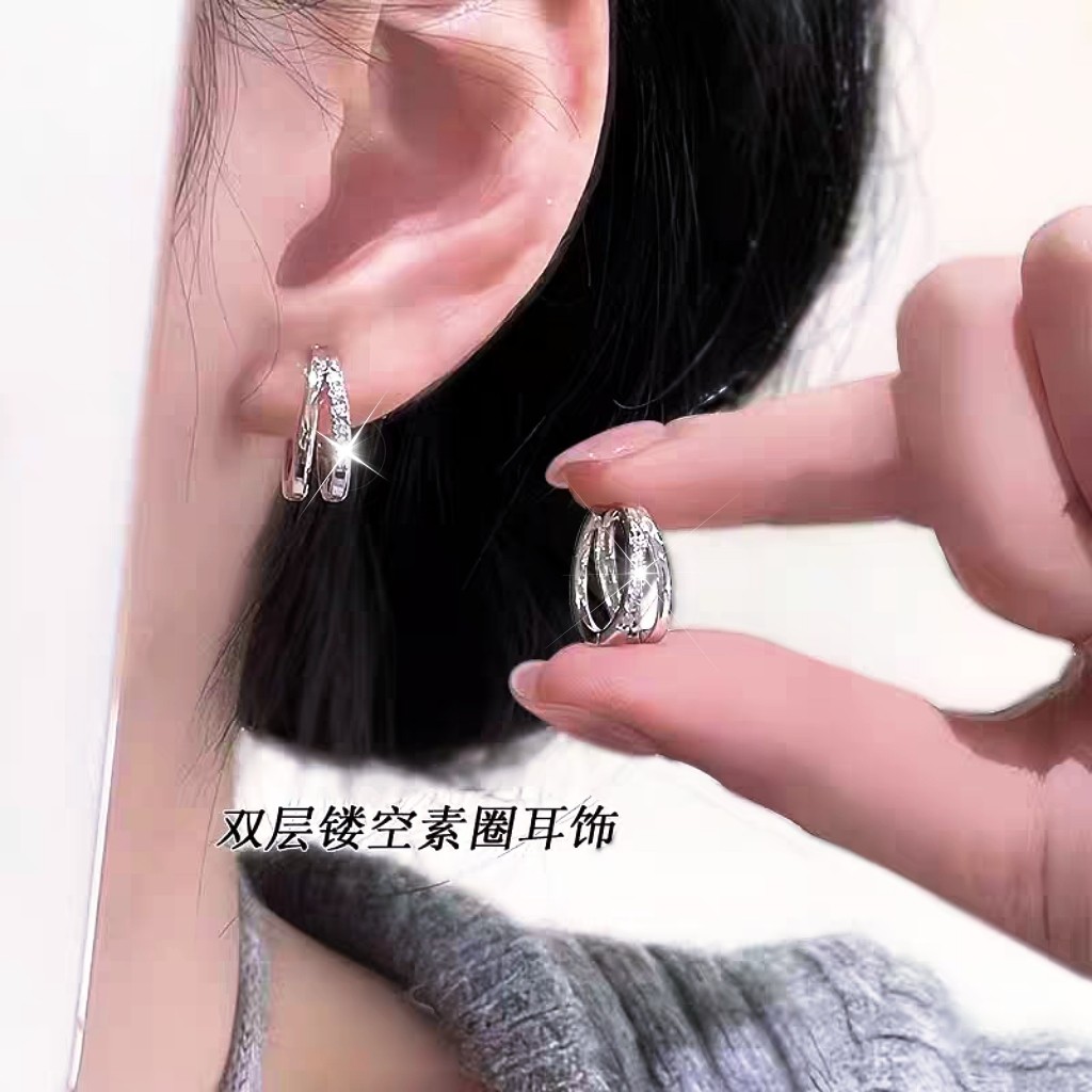 银针冷淡风双层镂空素圈耳扣小众设计轻奢精致高级感耳环耳饰