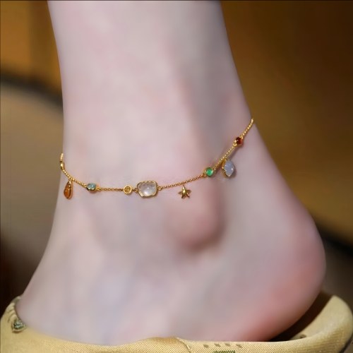 法式复古螃蟹海星彩宝银脚链女款