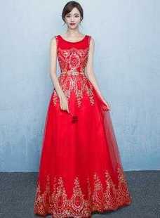 金色齐地长款主持人礼服出租司仪礼仪小姐迎宾礼服租赁红毯敬酒服