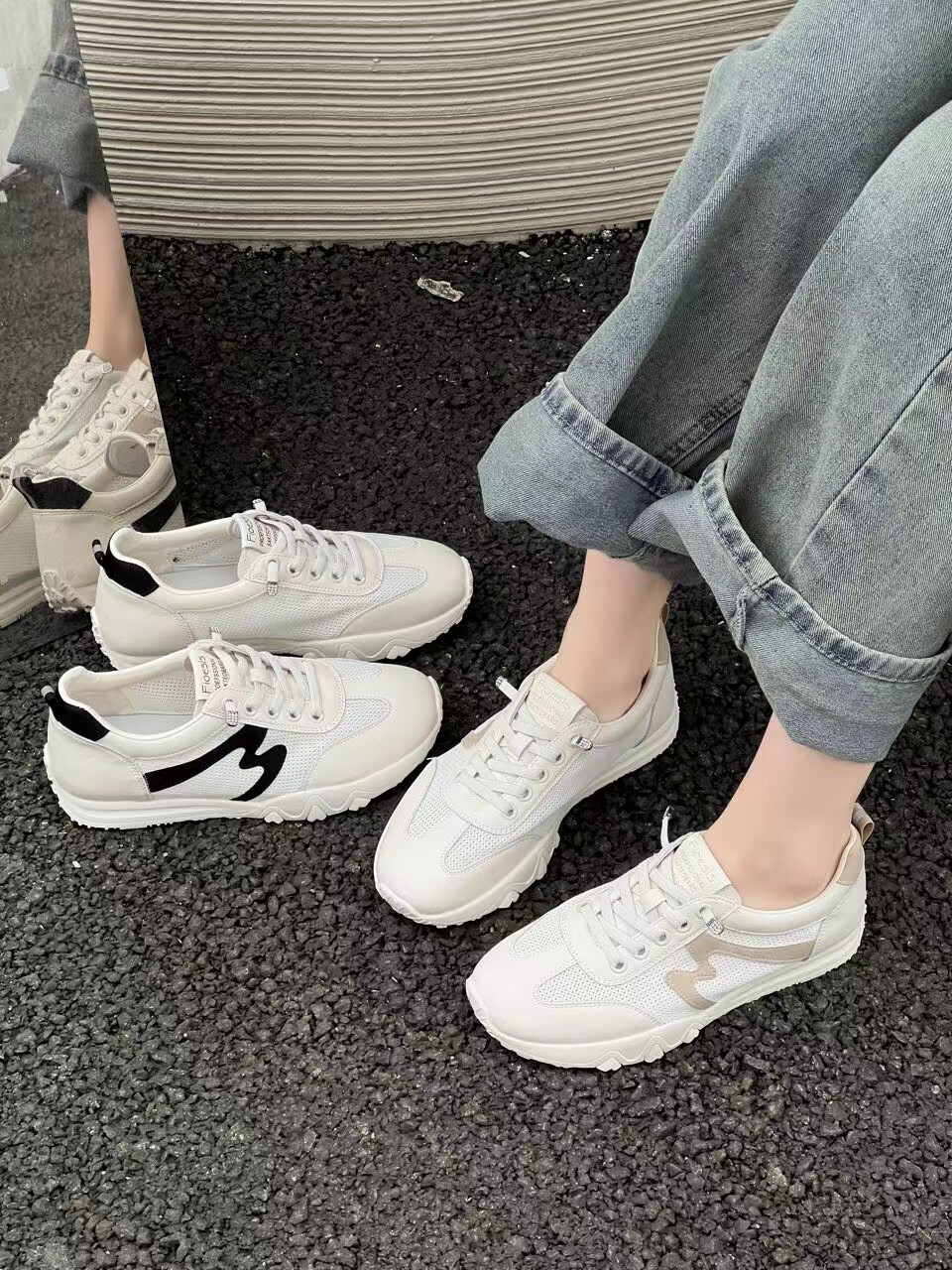 康妮女鞋2024夏真皮透网运动阿甘鞋小白鞋百搭舒适休闲柔软轻巧